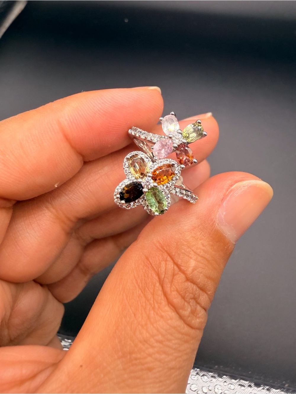 925 Sterling Silver Multicolor Tourmaline & White Topaz Ring Size 7.